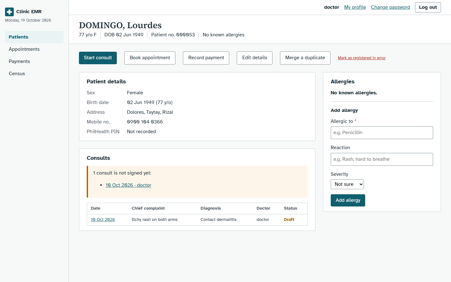 Patient chart with patient details, allergies and the list of consults