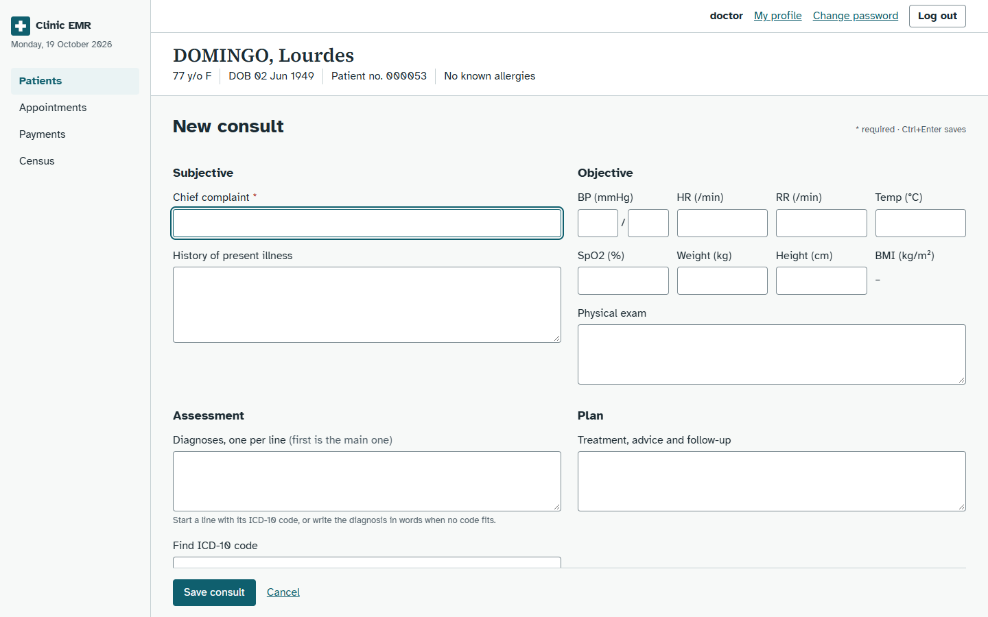 New consult form with subjective, objective, assessment and plan sections and vitals fields