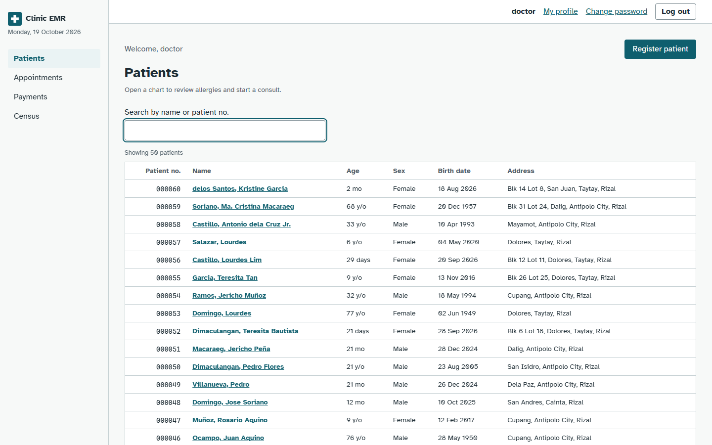 Clinic EMR patient list (fake patients)