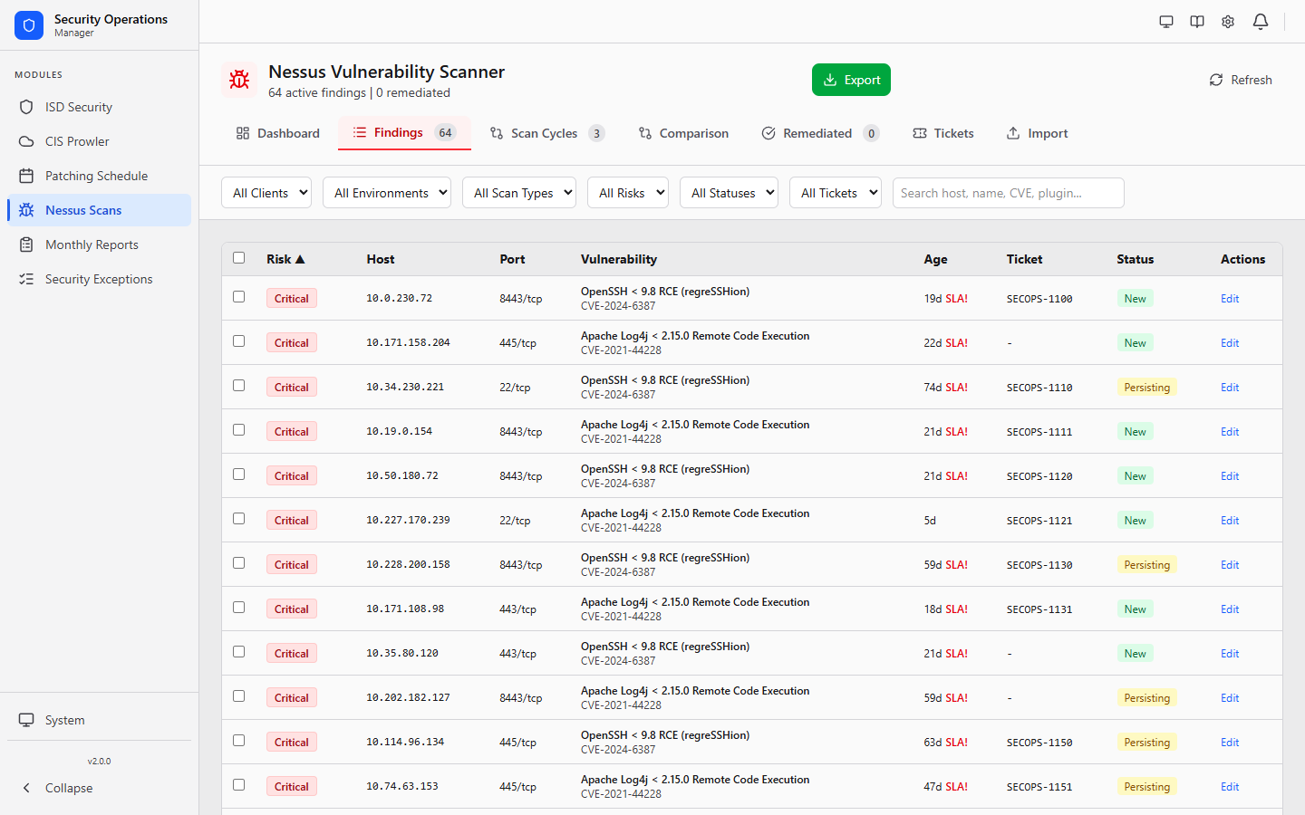 Nessus module findings list with risk, host, port, vulnerability and CVE, age with SLA flag, ticket and status