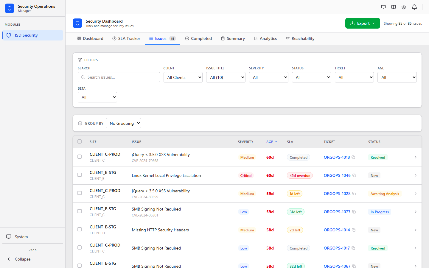 Security Operations Manager issue list with severity, SLA and Jira ticket columns (demo data)